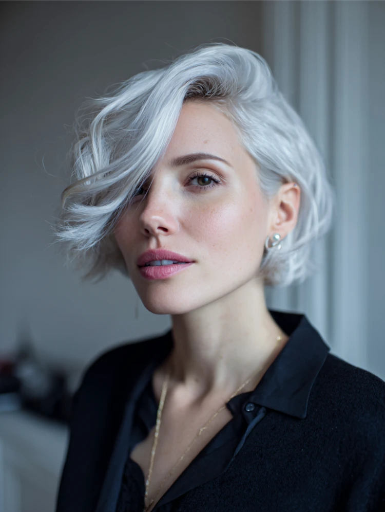 jüngere frau mit weißer, seitlich geschwungener bixie a la meryl streep