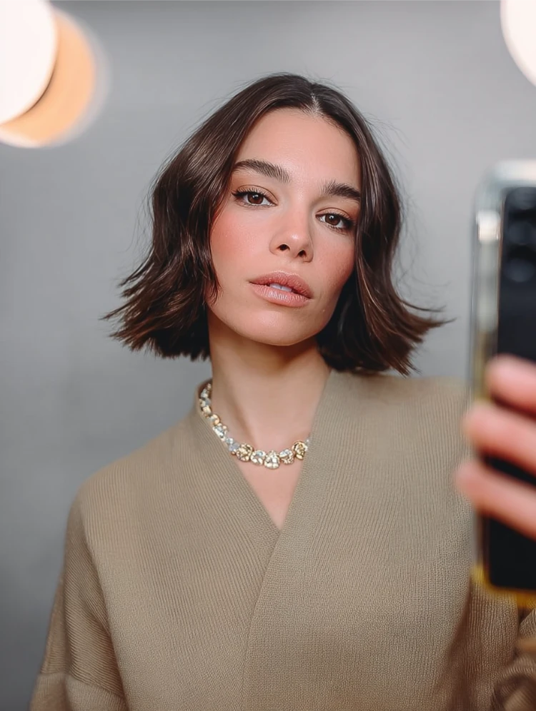 junge frau mit flippy bob und braunem haar