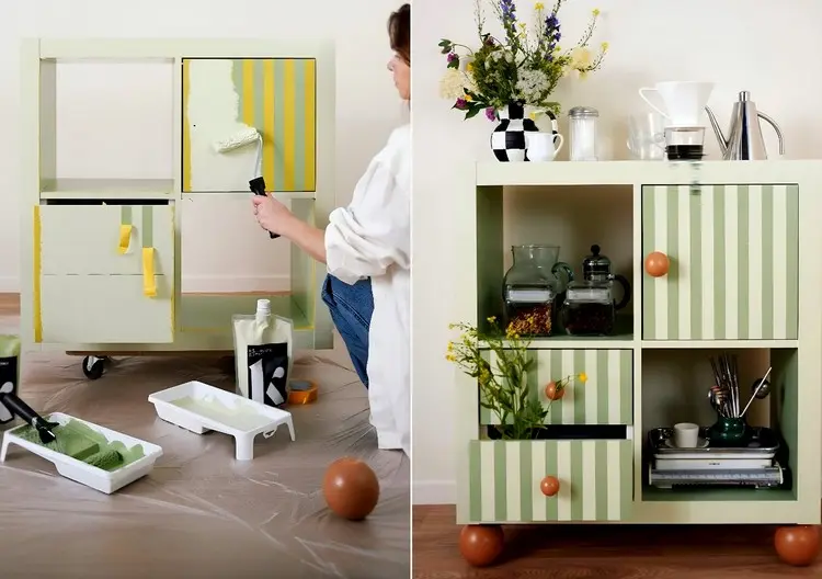 Kallax-Regal streichen in hellem Grün -Mit Malerkrepp abkleben und Streifenmuster gestalten