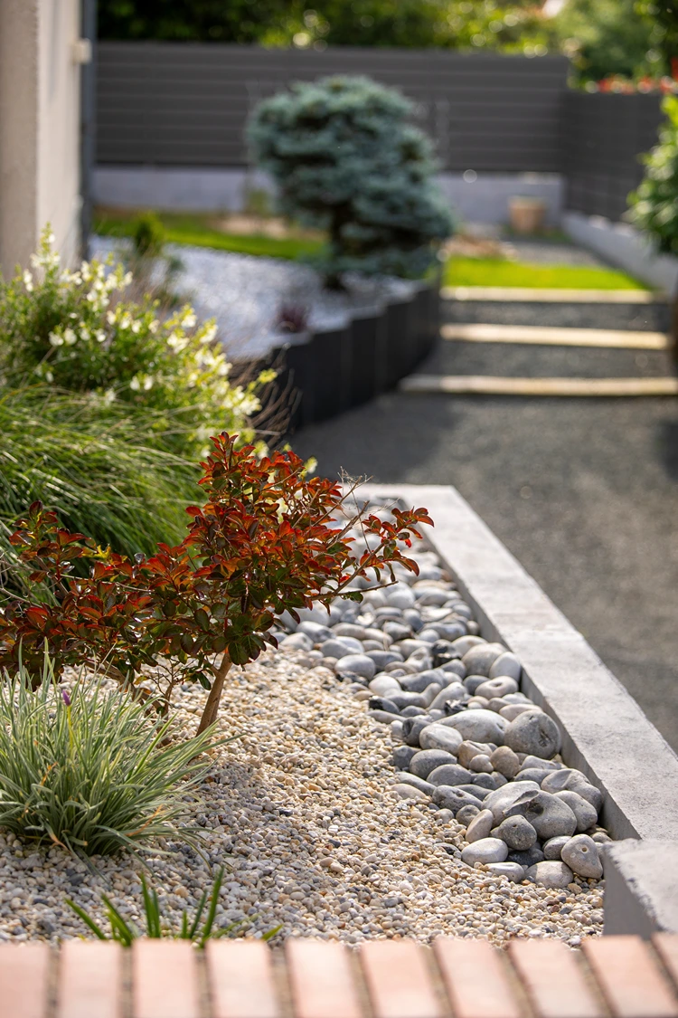 kiesbeet modern gestalten mit rundkies und ziergräsern – stilvolle lösung für vorgarten oder terrasse