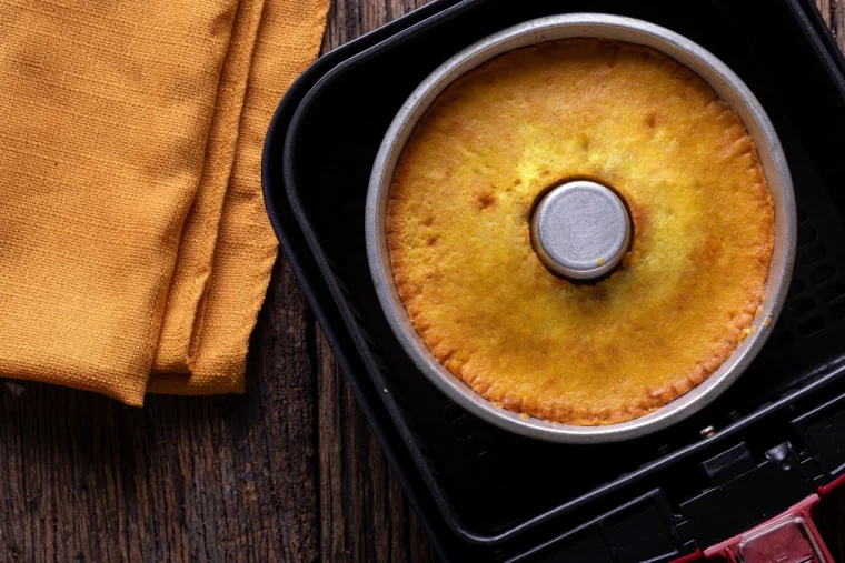 köstlicher und schöner hausgemachter orangefarbener maiskuchen aus dem airfryer