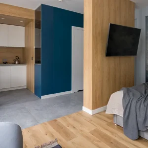 küche und schlafbereich in einem raum eingerichtet