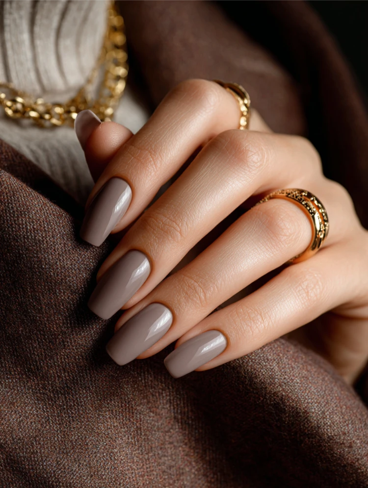 lange, quadratische nägel in greige farben – trend für den herbst 2025