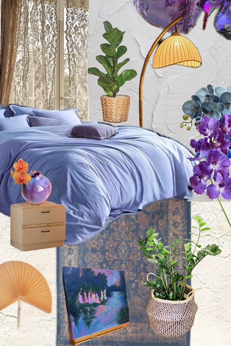 lila bettwäsche trifft pflanzenvielfalt im künstlerischen boho schlafzimmer