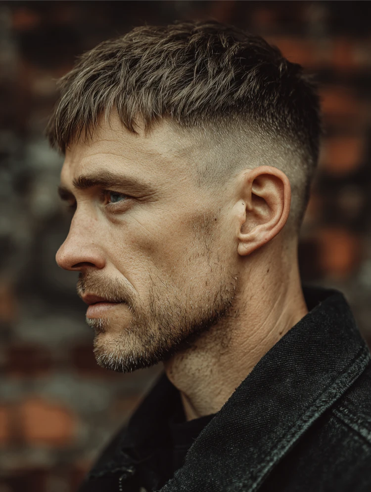 mann mit längerem french crop, inspiriert von thomas shelby aus peaky blinders