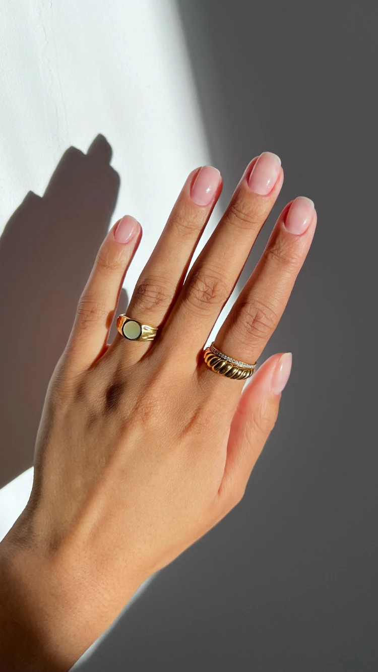 minimalistische kurze, runde, natürliche gelnägel in nude