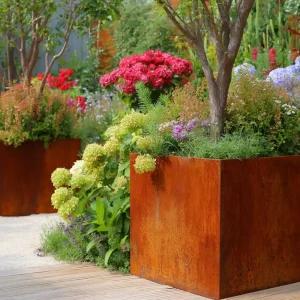 Pflanzkübel aus Cortenstahl im Garten moderne Gestaltung