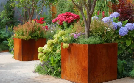 Pflanzkübel aus Cortenstahl im Garten moderne Gestaltung