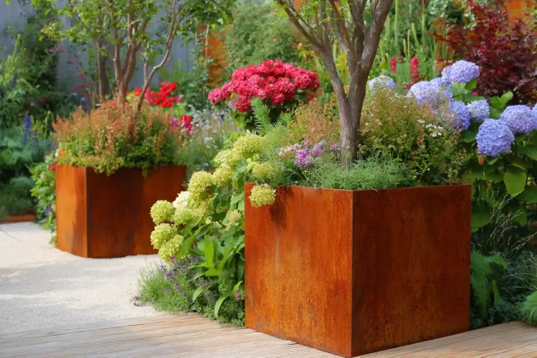 Pflanzkübel aus Cortenstahl im Garten moderne Gestaltung