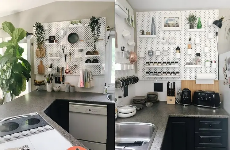 Platzsparendes Ordnungssystem mit der Lochplatte von Ikea für kleine Küchen