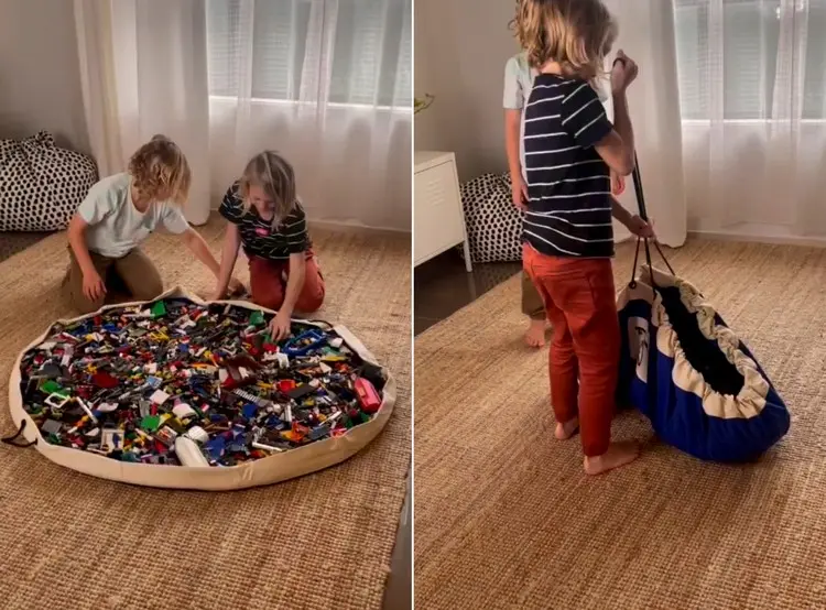 Praktische Spielmatte für Legosteine mit Kordelzug