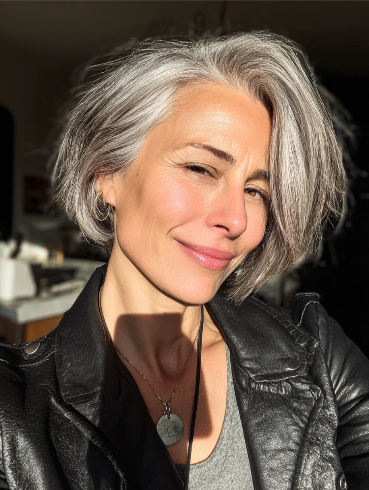 reife frau mit bixie haarschnitt in grauer farbe macht ein selfie