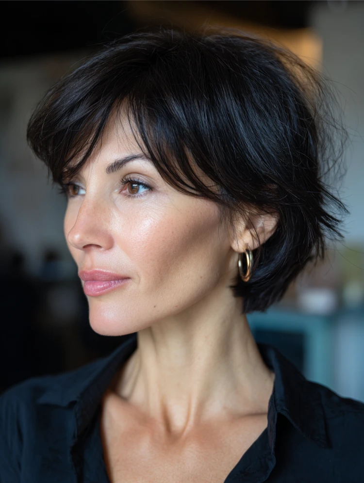 reife frau mit bixie haarschnitt in schwarz