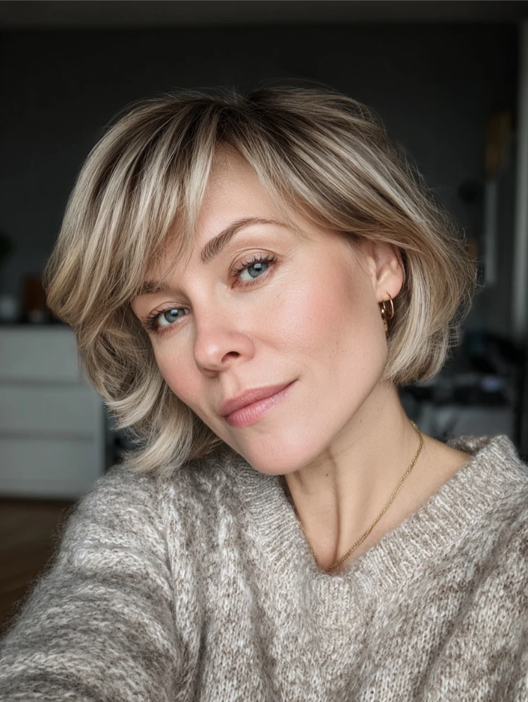 reife frau mit bixie haarschnitt und sanften babylights in einem warmen blondton