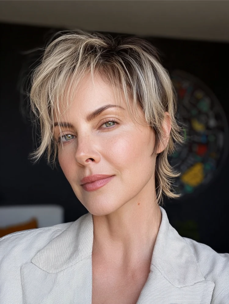 reife frau mit blondem mullet a la charlize theron mit braunen strähnchen