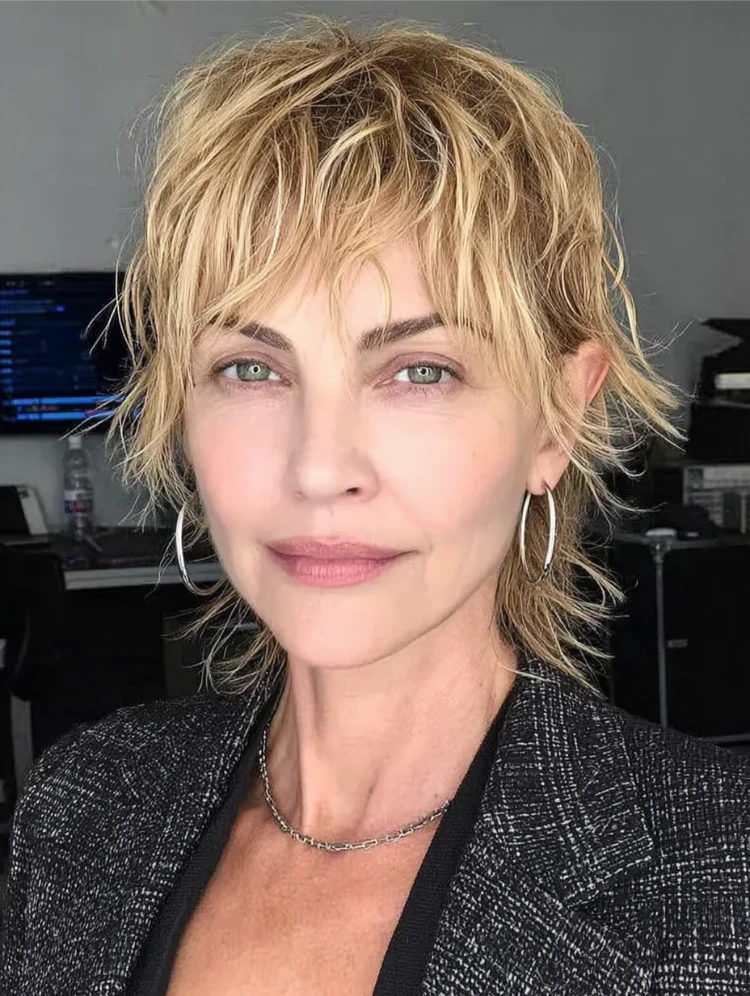 reife frau mit blondem mullet a la charlize theron