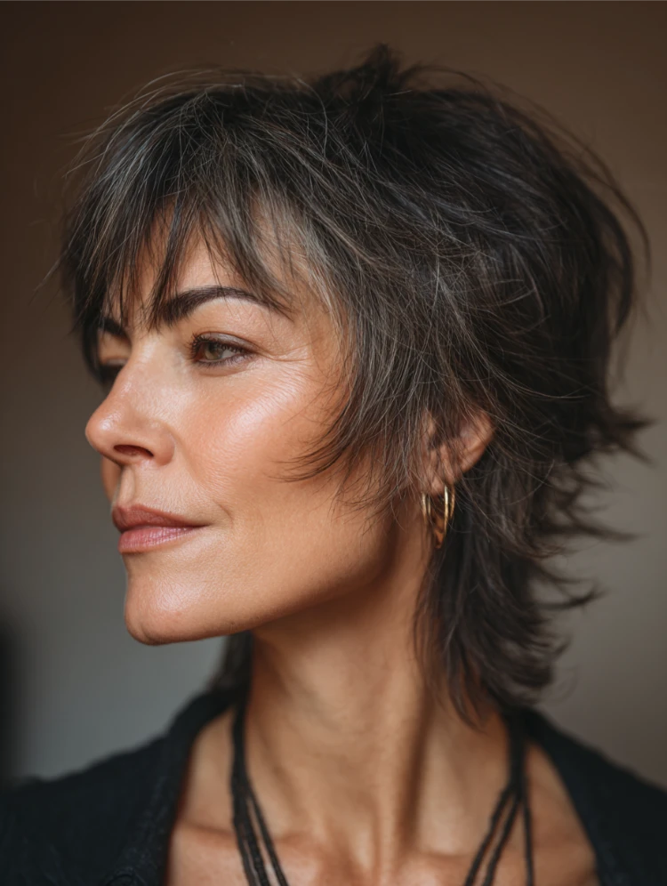 reife frau mit grauen haaren und vokuhila mit pony inspiriert von charlize theron