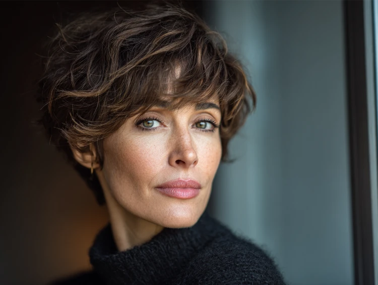 reife frau mit leicht gelocktem bixie schnitt in braun