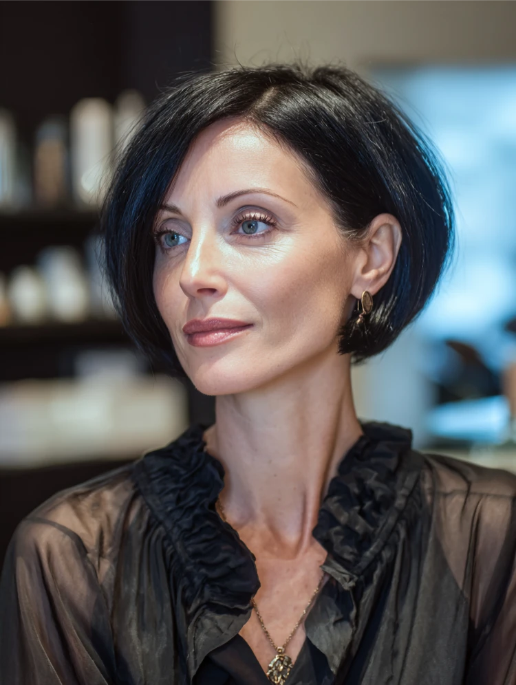 reife frau mit modernem schwarzen bixie haarschnitt und blauen augen