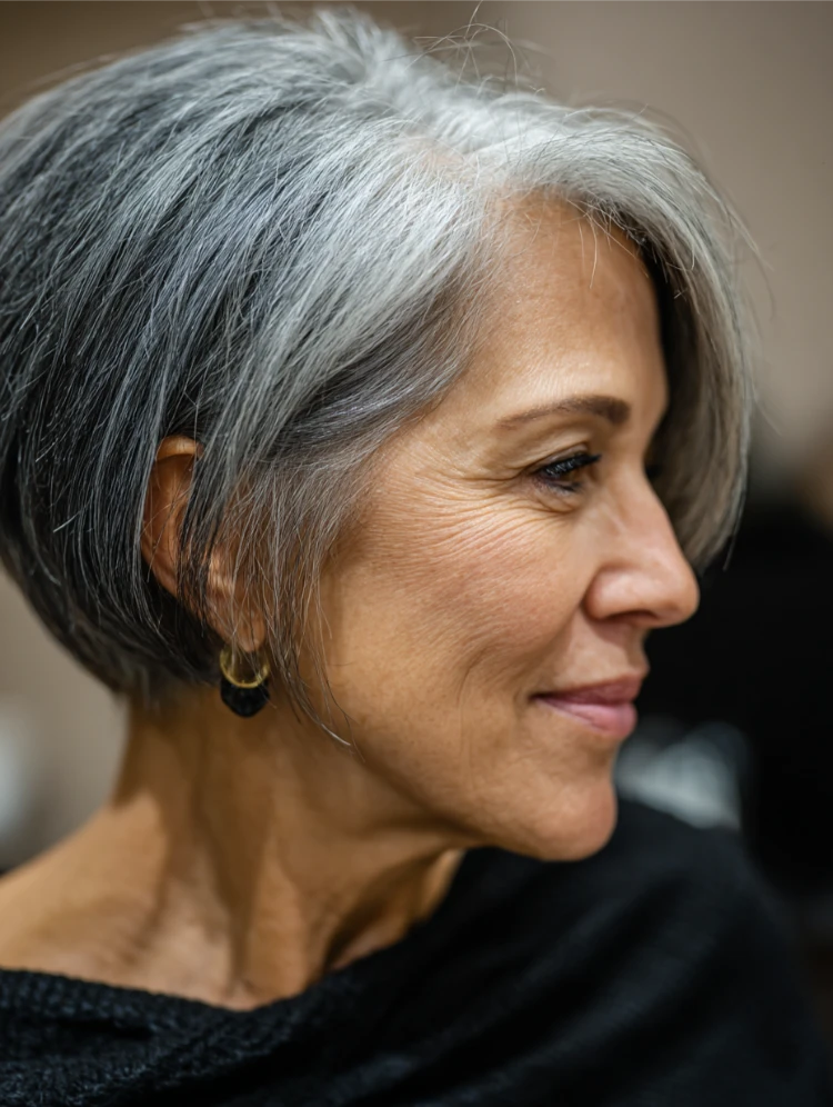 reife frau mit stilvollem bixie haarschnitt in grau