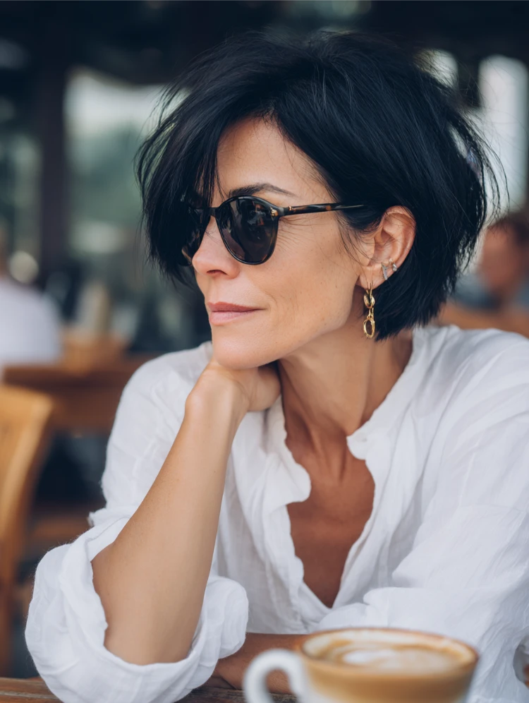 reife frau mit strukturiertem schwarzem bixie und sonnenbrille