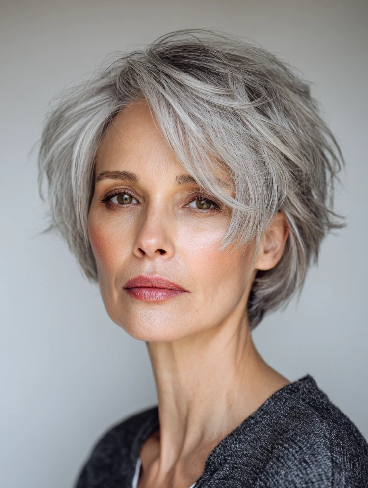 reife stilvolle frau mit stilvollem bixie haarschnitt in grau