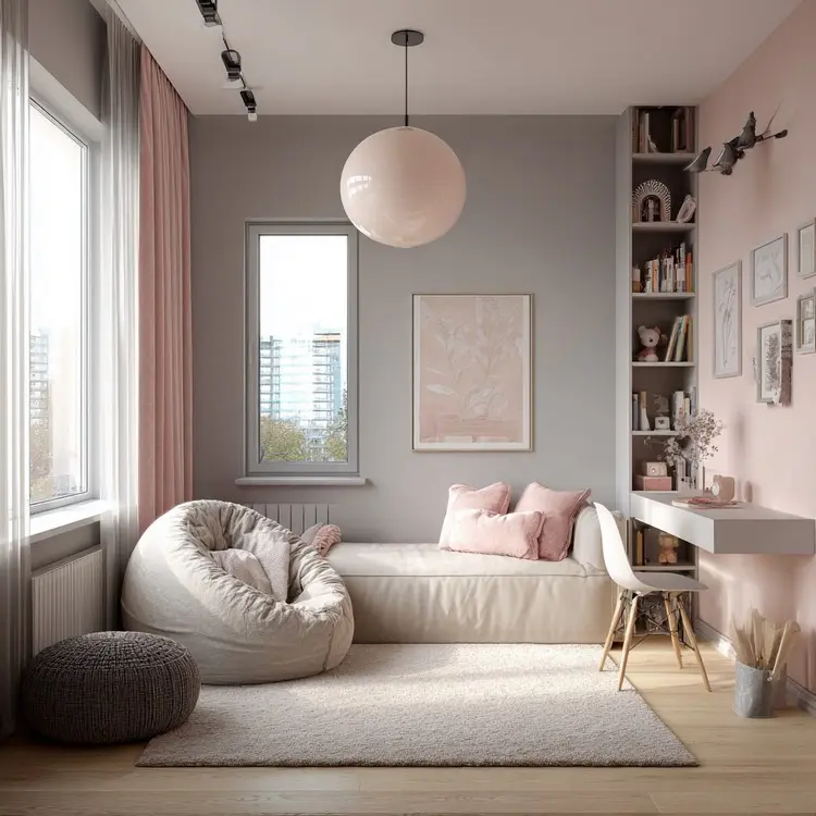 Schlafbereich mit grauer Wandfarbe und Arbeitsbereich in zartem Rosa