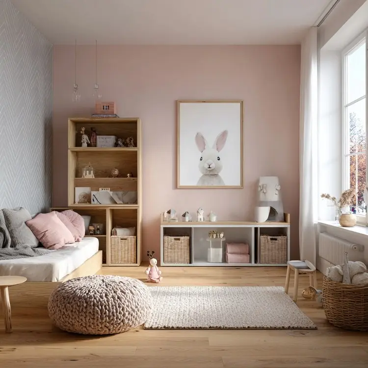 Schönes Mädchenzimmer mit Chevron-Muster an einer grauen Wand