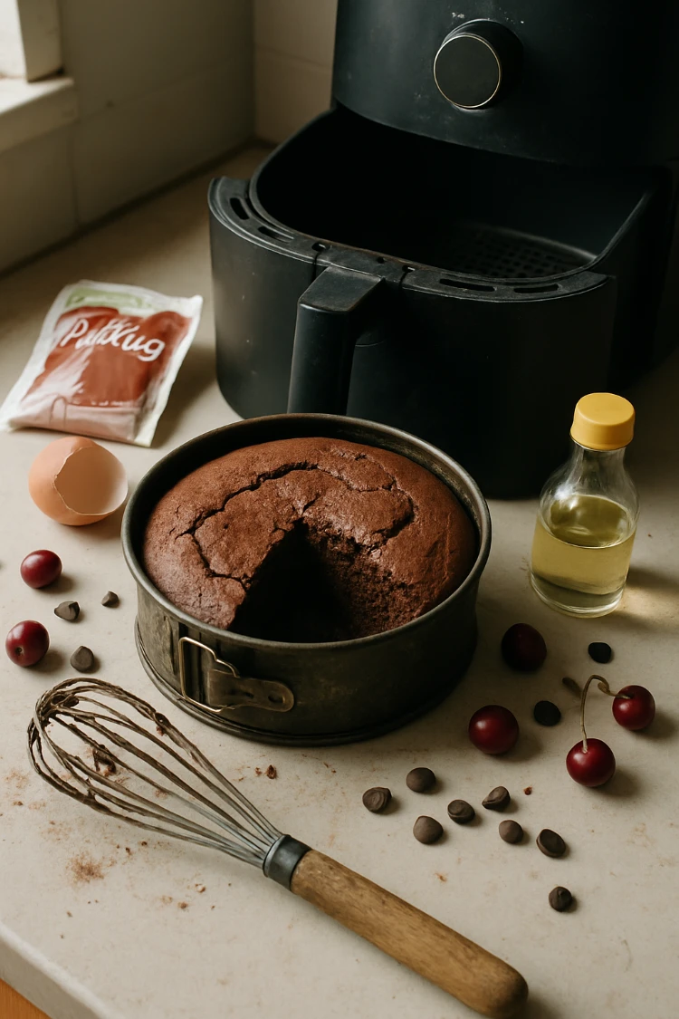 schokoladenkuchen im airfryer gebacken mit zutaten drumherum
