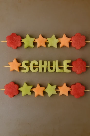schulanfang buffet ideen spieße mit buchstaben aus früchten