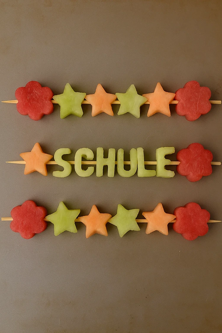 schulanfang buffet ideen spieße mit buchstaben aus früchten
