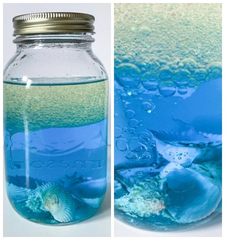 sensorik flasche mit muscheln glitzer und blauer lebensmittelfarbe