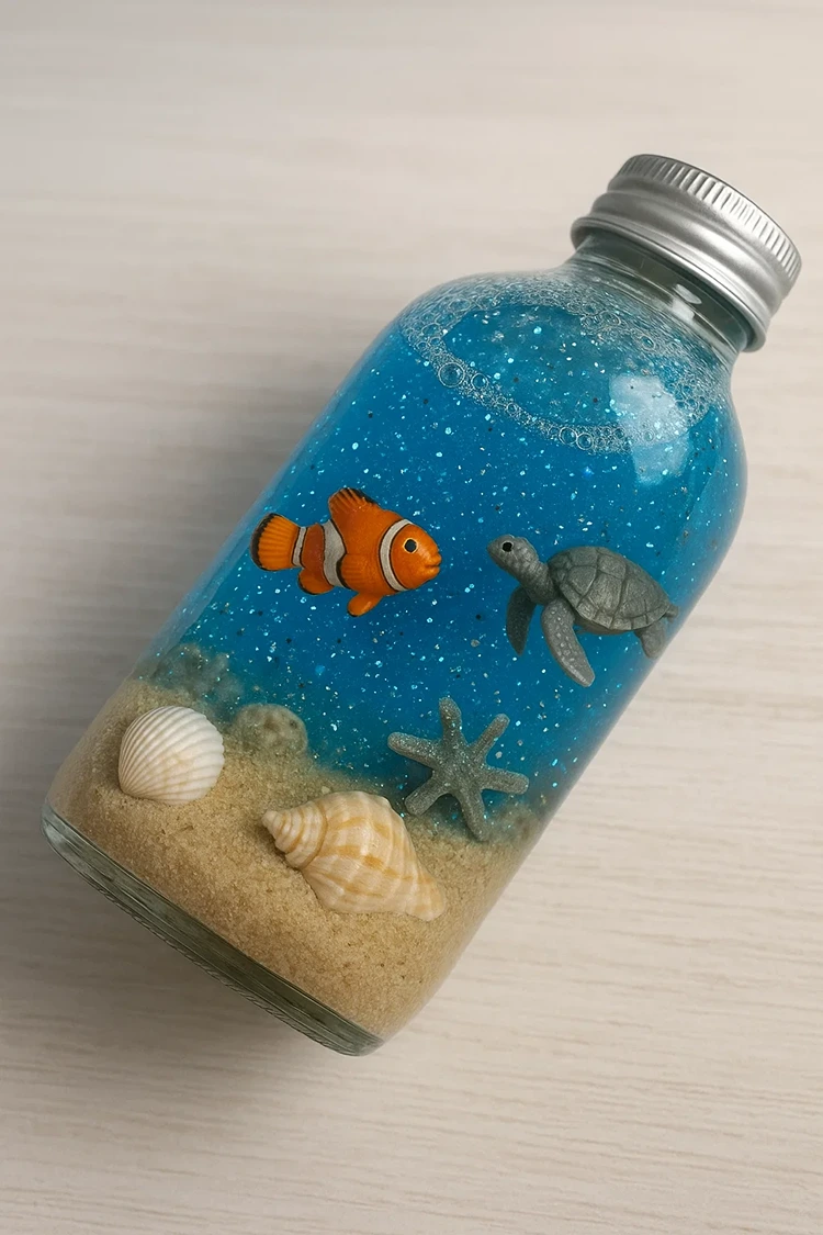 sensorik flasche mit sand und kleinen seefiguren
