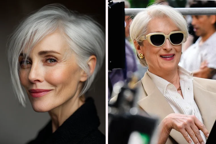 side swept bixie in white a la meryl streep