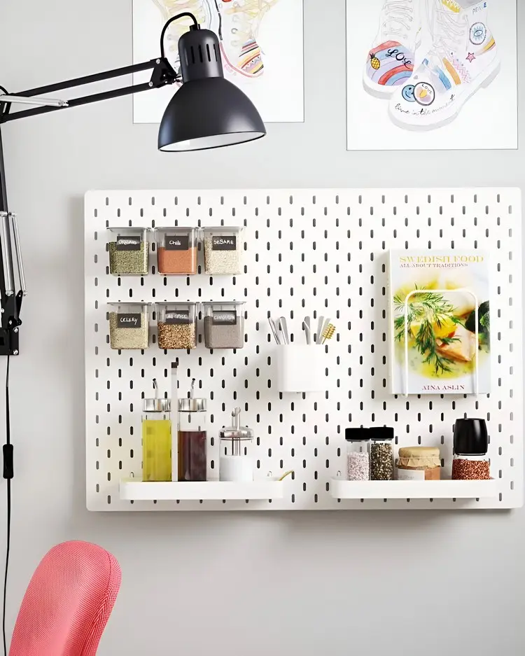 Skadis in der Küche mit Ablagen und Boxen für Gewürze