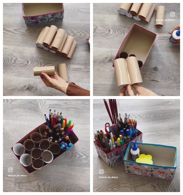 stiftehalter selber machen aus leerer taschentuchbox und klorollen