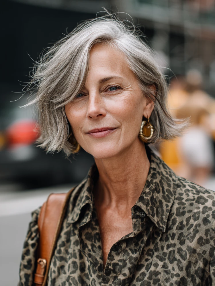 stilvolle ältere frau mit grauem haar und flippy bob