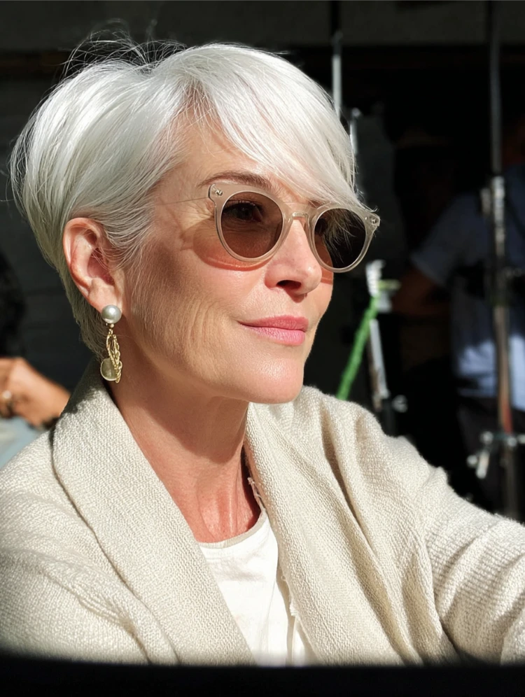 stilvolle ältere frau mit sonnenbrille und seitlich geschwungenem bixie in weiß