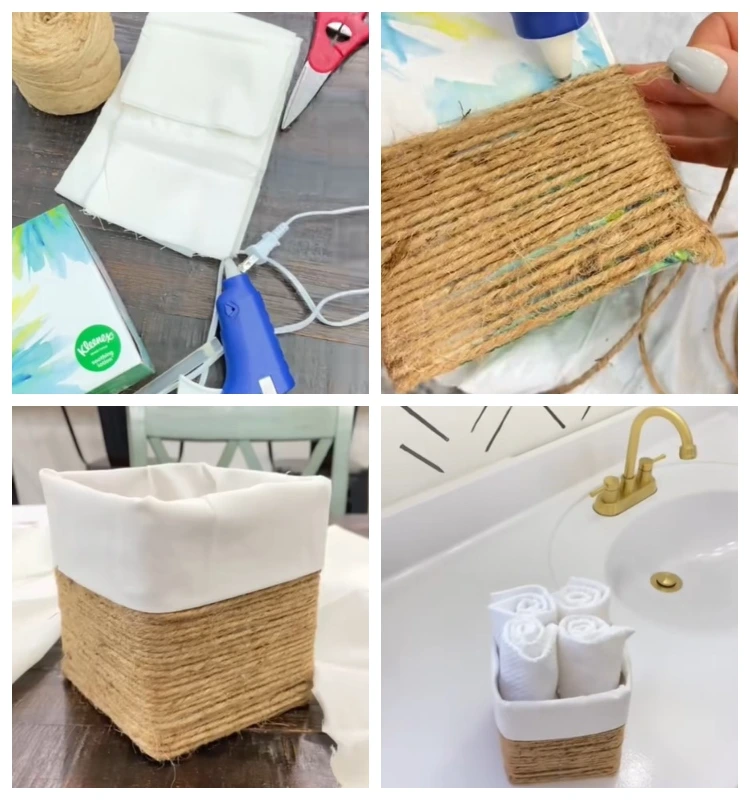 stilvolle jute aufbewahrungsbox selber machen aus leerer taschentuchbox