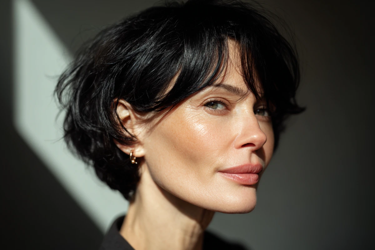 stilvolle reife frau mit bixie haarschnitt in schwarz