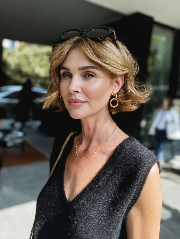 stilvolle reife frau mit blondem haar und flippy bob