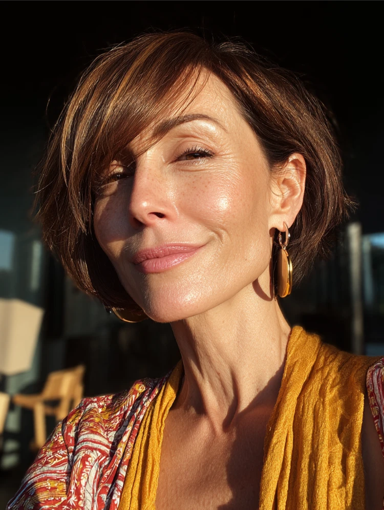 stilvolle reife frau mit braunem bixie schnitt