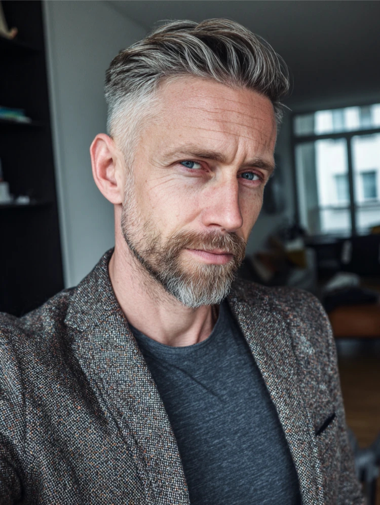 stilvoller, reifer mann mit einem von ryan gosling in „crazy stupid love“ inspirierten ivy league frisur