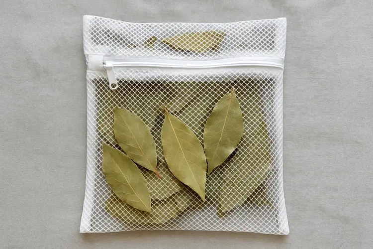 Trockene Lorbeerblätter kommen in ein Wäschenetz oder in einen Beutel aus dünnem Stoff