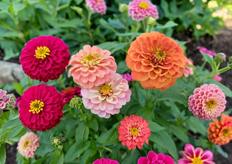 Zinnien in verschiedenen Farben im Beet im August