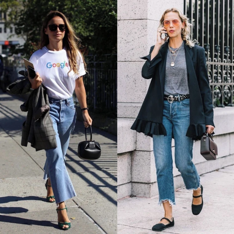zwei kleine frauen mit stylischen outfits mit cropped jeans