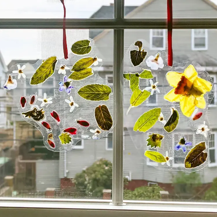 abstrakte Moderne Kunst für die Fenster aus Blüten und Herbstblättern