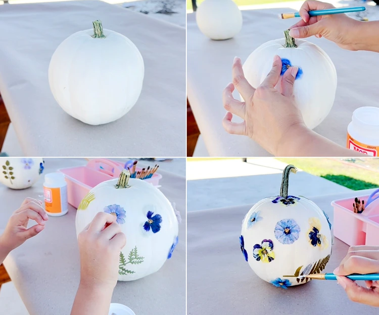 Anleitung, wie Sie einen weißen Kürbis mit Blumen dekorieren