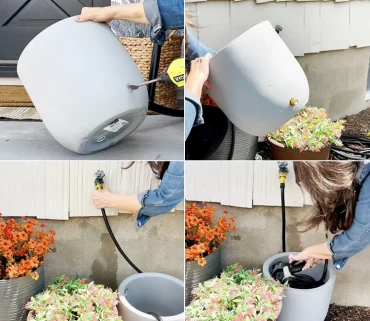 Aufbewahrung des Gartenschlauchs in einem Kübel - Bohren Sie ein Loch für den Schlauch