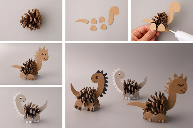 Aus Pappe die Körperteile des Dinos ausschneiden und mit Bastelkleber befestigen